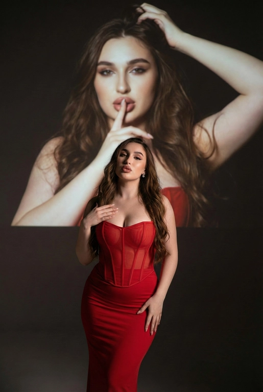 Создайте фотографию женщины в элегантной позе. На ней — слегка прозрачный облегающий красный корсет и длинное облегающее красное платье. Одной рукой она касается области груди, а другой — мягко опирается на бедро, что создаёт динамичную позу. Она смотрит с уверенностью и чувственностью. На ней простые серьги.
Эта женщина на переднем плане занимает меньшую часть высоты изображения. На ней — слегка прозрачный облегающий красный корсет и длинное облегающее красное платье.
Фон тёмный и минималистичный, с мягкой теневой проекцией той же женщины (в другой позе или в виде абстрактной фигуры) в верхней части изображения. Проекция — естественное цветное изображение женщины, которая представлена значительно крупнее и занимает большую часть верхней части фона. Она выглядит соблазнительно: одной рукой держит волосы, а палец другой руки прижала к губам, смотря при этом соблазнительным взглядом.
Не изменяй черты лица. Длинные волнистые волосы