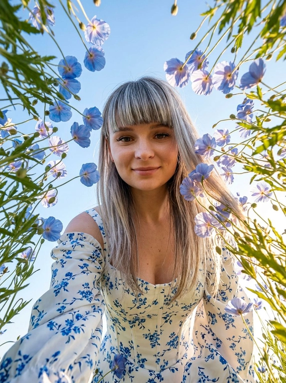Создай портрет, не меняя черты лица. Экстремальный нижний ракурс (взгляд «из травы»), направленный вертикально вверх на женщину. Цветы тянутся к центру, свет проходит сквозь лепестки (эффект подповерхностного рассеивания). Женщина в белом корсетном топе с длинными рукавами-фонариками и открытыми плечами. Весь корсетный топ — в мелких голубых цветочках. На лице нежная улыбка. Акцент на деталях и коже: кожа детализированная. ISO 100 для отсутствия шумов, выдержка 1/2000 сек. Стиль National Geographic, мода. Гиперреализм, разрешение 8K.


Какие будут цветы?: Она окружена луговыми полевыми голубыми цветами — видны зелёные стебли. голубого цвета, слегка напоминают маки.
