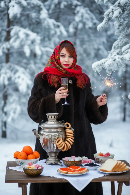  Создай насыщенный, атмосферный, зимний портрет на улице. Я нахожусь в заснеженном лесу, окруженном елями, и стою за столом, накрытым для традиционного чаепития. На мне надета большая, пушистая, роскошная, дорогая, шуба из натурального баргузинского соболя, яркий русский платок (павлопосадский платок) красного цвета, повязанный на голову, с акцентом на красной помаде. Я смотрю в камеру .На столе стоит старинный серебряный самовар, украшенный связками золотистых баранок, а также миски с мандаринами, русскими сладостями, бутерброды с красной икрой, черная икра в маленькой миске, нарезанный батон.
Зимний лес, всё покрыто инеем и мягким снегом. Качество: реалистичная фотография, кинематографический свет, мягкое боке, теплый тон, детальная проработка меха и узоров на платке.
 В правой руке у меня бокал шампанского, а левой рукой держу бенгальский огонь 