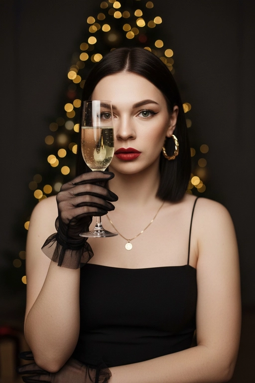 Гиперреалистичный студийный портрет женщины в новогоднем luxury-стиле. Кадр по грудь. Женщина держит узкий бокал с шампанским строго напротив одного глаза (правого или левого), так что стекло полностью перекрывает один глаз, второй глаз открыт и чётко смотрит прямо в камеру. Бокал смещён в сторону от центра лица, не по центру. Через бокал видны пузырьки шампанского. Композиция асимметричная, акцент на контраст между открытым глазом и глазом за стеклом. Взгляд в камеру сквозь бокал шампанского. 

Макияж: идеально выровненный тон кожи, чёткие брови, мягкие золотисто-коричневые тени, чёрные стрелки, яркая матовая красная помада. На ушах крупные золотые серьги-кольца, на шее золотая тонкая целочка с круглым кулоном. 

Одежда: чёрное минималистичное платье на тонких бретелях, прямой вырез. На руке короткая прозрачная чёрная сетчатая перчатка, с рюшами на запястье. Поза прямая, уверенная, взгляд холодный, статный, строго в камеру.

Фон: тёмный студийный фон, за спиной размытая новогодняя ёлка с крупными тёплыми золотыми огоньками боке. Атмосфера роскоши, вечеринка, шампанское, вечер.

Освещение: мягкий ключевой свет спереди, подчёркнутые блики на стекле бокала, губах и коже, лёгкий контровой свет по краю плеч и головы. Глубина резкости малая, фон сильно размыт.

Стиль: high fashion beauty portrait, luxury editorial, cinematic lighting, ultra realistic, sharp focus on open eye and glass, 8k, magazine cover quality.