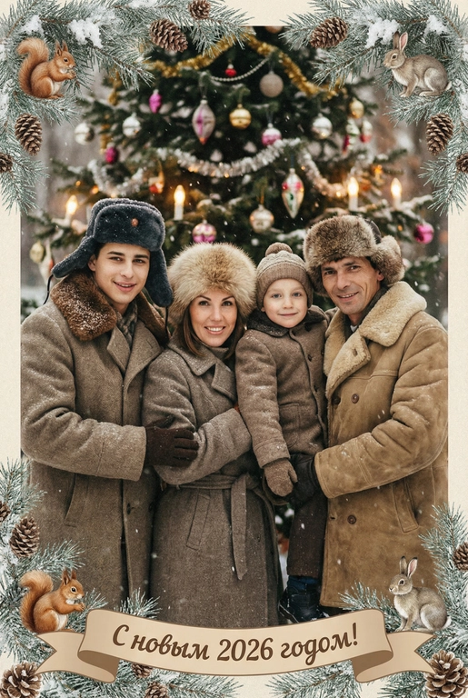   создай новогоднюю фотографию в стиле советского фильма: лица максимально похожи на исходное фото, на улице, в старой зимней одежде (пальто/шуба с меховым воротником, меховая шапки из ондатры или норки). Идёт снег. На фоне размытая украшенная советскими стеклянными игрушками ёлка с гирляндами и тёплыми огоньками. Внизу бежевая декоративная лента с надписью. Рамка по краям из еловых веток со снегом, добавить шишки, белочек и зайчиков. Атмосфера уюта и ностальгии, мягкие кистевые мазки, тонкая плёночная зернистость, мягкая глубина резкости. Надпись на ленте: "С новым 2026 годом!"