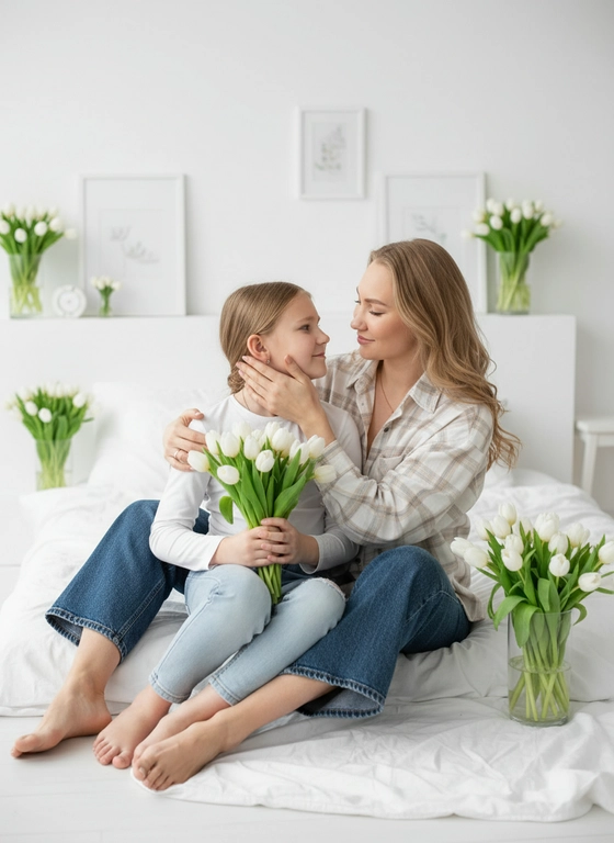 Не менять черты лица, максимально сохранить черты лица. Это уютная фотография, скорее всего, кадр из домашней фотосессии. Действие происходит в светлой комнате с минималистичным дизайном. На заднем плане видны белые стены, украшенные рамками. В комнате много белых тюльпанов в вазах. Основной цвет в кадре – белый, дополненный пастельными и серыми оттенками. 

Женщина сидит на белой кровати, обнимая девочку. Обе одеты в повседневную одежду. На женщине светлая рубашка в клетку, слегка расстегнутая сверху, и широкие джинсы из темного денима. Девочка одета в белую рубашку с длинным рукавом и светлые джинсы с дыркой на колене. Девочка держит в руках букет белых тюльпанов. Женщина нежно касается лица девочки. Они смотрят друг на друга с любовью и нежностью. Обе босиком. Атмосфера в кадре теплая и трогательная, передающая близость и любовь.
