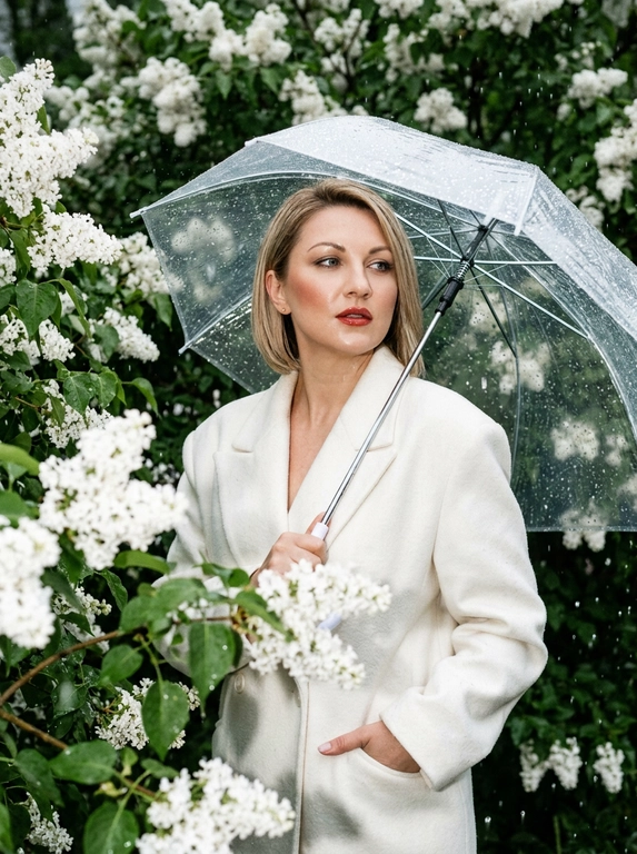 Создай ультрареалистичное фото, строго не меняя черты лица человека с исходного изображения, кинематографичный кадр с плёночной зернистостью и эффектом вспышки, модель стоит среди густых цветущих кустов белой сирени, часть веток находится на переднем плане в мягком расфокусе с лёгким эффектом движения, создавая глубину кадра, идёт небольшой дождь, в воздухе ощущается влажность, заметные текстурные капли в пространстве, в руке прозрачный зонт, другая рука находится в кармане, поза естественная и расслабленная, корпус слегка развёрнут, взгляд направлен в сторону, макияж аккуратный с мягким контурингом, лёгким румянцем, кожа слегка подсвечена, губы с красноватым блеском, брови аккуратно уложены, освещение жёсткое фронтальное от вспышки с характерными бликами и контрастными тенями

Какая будет одежда?:  Белое шерстяное пальто оверсайз с широкими плечами