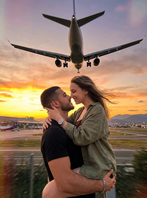 Низкий ракурс (low angle), съемка чуть снизу с эффектом присутствия, словно фотограф быстро поймал момент на улице возле аэропорта.
Объектив 24–35mm с естественными широкоугольными искажениями по краям кадра.
Камера слегка наклонена, создавая эффект спонтанного живого кадра.
В верхней части кадра — огромный пассажирский самолет, заходящий на посадку прямо над парой.
На фоне: закатное небо, размытые силуэты терминала, взлетная полоса, городские огни и далекие горы.
АТМОСФЕРА:
Эмоция случайно пойманного интимного момента во время путешествия.
Кадр выглядит как дорогая lifestyle-фотография, снятая «между дублями», а не идеально выстроенная постановка.
Ощущение ветра, движения, шума самолета и теплого вечернего воздуха.
ПОЗА:
Мужчина держит женщину на руках чуть неровно и естественно, как в реальной жизни.
Она мягко улыбается, обнимая его за шею.
Их лица очень близко — момент за секунду до поцелуя.
Положение рук и ног слегка асимметричное и живое.
Волосы и платье слегка двигаются от ветра и потока воздуха от самолета.
ВНЕШНОСТЬ:
Максимально естественная анатомия и пропорции тел.
Без «идеальной» симметрии.
Живые эмоции, микронапряжение мышц, натуральные позы.
ОДЕЖДА:
Мужчина: черная футболка и темные брюки/шорты с естественными складками ткани.
Женщина: облегающее мини-платье кофейного или темно-оливкового оттенка на тонких бретелях.
Ткань слегка натягивается и движется от ветра, реалистично повторяя форму тела.
АКСЕССУАРЫ:
Солнцезащитные очки-авиаторы с натуральными отражениями закатного света.
Металлические часы и браслет с реалистичными бликами и микроцарапинами.
СВЕТ:
Настоящий golden hour.
Мягкий теплый контровой свет от заката.
Солнце почти за горизонтом создает естественный rim light по контуру тел, волос и самолета.
Небо насыщенное, с плавным переходом оранжевых, розовых и золотистых оттенков.
Свет неидеальный: присутствуют легкие пересветы и глубокие тени, как в настоящей фотографии.
САМОЛЕТ:
Крупный современный пассажирский авиалайнер максимально реалистичен.
Видны шасси, закрылки, детали двигателей, огни посадки.
Самолет слегка размыт в движении, создавая эффект настоящего пролета над головой.
REALISM:
Максимально реалистичная живая фотография.
Натуральная текстура кожи без пластиковой ретуши.
Реалистичная работа камеры: — легкий motion blur
— subtle film grain
— natural lens distortion
— realistic dynamic range
— случайные световые блики (lens flare)
— небольшая неидеальность кадрирования
ЦВЕТОКОР:
Кинематографичный travel aesthetic color grading.
Теплые закатные оттенки, глубокие тени, мягкий контраст.
Цвета выглядят натурально, как у дорогой камеры Sony/Canon cinematic look.
ФОРМАТ: ultra realistic candid photography, cinematic travel moment, luxury lifestyle aesthetic.