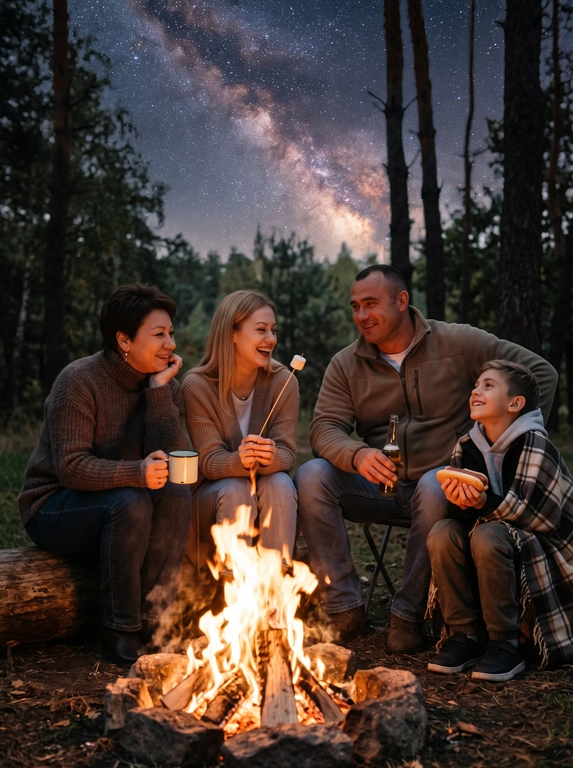 На снимке изображены люди с представленных фотографий (их количество соответствует числу загруженных референсов), собравшиеся у костра на природе — вероятно, в лесу, в вечернее или ночное время. Обстановка создает уютную и спокойную атмосферу под звездным небом, на котором хорошо виден Млечный Путь. Цветовая гамма выдержана в теплых тонах: огонь костра излучает яркое оранжево-желтое свечение, а окружающая темнота и ночное небо с множеством звезд создают контраст и ощущение уютной ночи.
Каждый человек на фотореференсах сидит на складном стуле или прямо на земле — расположение естественное, несимметричное, как при настоящей встрече у костра. У кого-то в руках палочка для маршмеллоу, у кого-то кружка с напитком, кто-то держит еду. Все улыбаются и выглядят расслабленными, увлеченными непринужденным общением — как будто делятся историями и наслаждаются близостью друг с другом.
Позы у всех свободные и естественные, без напряжения. Одежда в стиле кэжуал — мягкая, удобная, подходящая для прохладной погоды (свитера, куртки, плед на плечах). Если на фото один человек, он сидит один в той же уютной обстановке у костра, без лишних пустых стульев рядом. Если людей несколько, они равномерно и естественно распределены вокруг костра, как настоящая компания друзей или семья.
В целом фотография должна выглядеть как теплый, стильный кадр из фотосессии на природе, передающий атмосферу уюта, близости и волшебства звездной ночи.