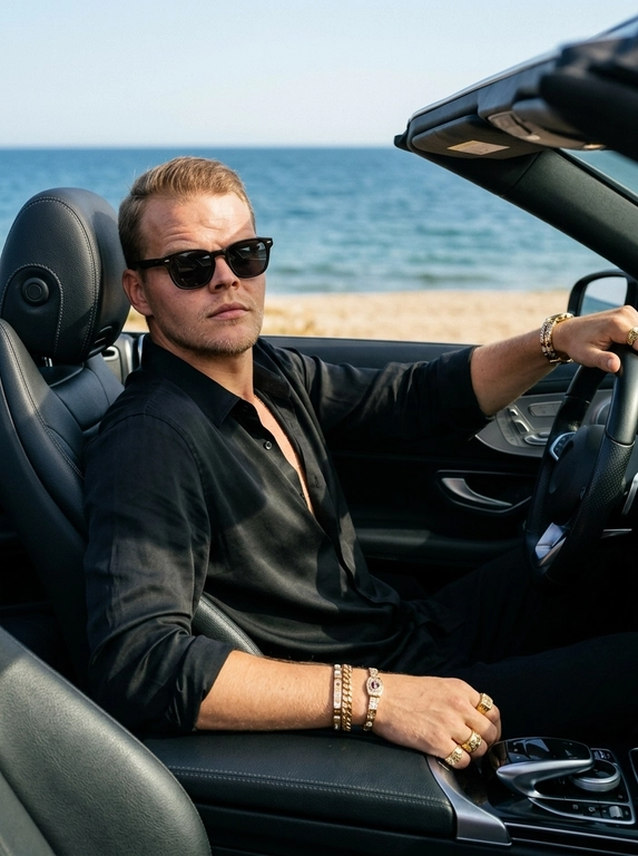 Фотореалистичная luxury lifestyle fashion-фотография на побережье в эстетике дорогой мужской рекламной кампании. Мужчина сидит за рулём современного премиального кабриолета с открытой крышей, припаркованного у океанского побережья. Кадр снят с пассажирской стороны через открытый салон, камера расположена чуть ниже уровня глаз и близко к мужчине. Кадрирование по грудь.

Мужчина расслабленно откинулся в кожаное водительское сиденье, корпус слегка развёрнут к камере. Одна рука свободно лежит на руле, вторая расслабленно расположена у центральной консоли. Голова слегка повернута к объективу, взгляд направлен прямо в камеру. Выражение лица спокойное, уверенное и сдержанное.

На мужчине свободная чёрная рубашка из плотного шёлка с матово-сатиновым блеском, верхние пуговицы расстёгнуты. Рукава слегка закатаны, открывая запястья. На руке массивный золотой браслет с инкрустацией камнями и несколько крупных золотых мужских колец. Металл и камни ловят точечные солнечные блики, аксессуары выглядят дорогими и реалистичными, без чрезмерного блеска.

Салон автомобиля выполнен из тёмной премиальной кожи с аккуратной прострочкой, металлическими деталями и минималистичной современной отделкой. Интерьер остаётся затемнённым и создаёт глубокий контраст с ярким морским пейзажем за открытым автомобилем.

На заднем плане видны глубокий синий океан, светлый песчаный пляж и чистая линия горизонта. Морской пейзаж мягко уходит в естественную глубину резкости, оставаясь узнаваемым. Яркий дневной солнечный свет падает сбоку, подчёркивает скулы, линию лица, фактуру чёрной рубашки и золотые аксессуары.

Натуральная текстура кожи, отчётливо видимые поры и мелкий рельеф кожи, естественные солнечные блики, без пластиковой ретуши, без AI smoothing.

Снято на профессиональную полнокадровую камеру, 85mm, f/1.4, ISO 100, RAW. Shallow natural depth of field, rich blacks, warm skin tones, deep ocean blues, subtle film grain, controlled highlights, premium luxury campaign color grading, high-end men's lifestyle editorial, ultra realistic, high detail, no CGI, no artificial glossy skin, no excessive HDR.

Очки: На нём тёмные солнцезащитные очки