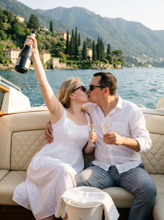 Реалистичная летняя lifestyle-фотография пары, отдыхающей на катере на фоне горного озера. Кадр поясной, пара по центру, точка съёмки на уровне их груди, лёгкий наклон камеры. Поза радостная и романтичная: пара сидит вплотную друг к другу на мягком кремовом стёганом сиденье катера, корпуса развёрнуты друг к другу. Они слились в нежном поцелуе — губы сомкнуты, глаза прикрыты, выражения счастливые и беззаботные, candid-момент. Женщина левой рукой триумфально подняла вверх высоко над головой бутылку шампанского, торжественный жест празднования; правая рука обвивает плечо мужчины. Мужчина одной рукой обнимает женщину за талию, в другой руке держит у груди бокал-флейту с игристым. На обоих стильные тёмные солнцезащитные очки. Женщина одета в белое летнее мини-платье из лёгкого хлопка на тонких бретелях с корсетным верхом, мягкой драпировкой на груди и пышной расклешённой юбкой. Мужчина в белой льняной рубашке свободного кроя с длинными рукавами и светло-серых брюках. Украшения женщины: маленькие золотые серьги. Макияж естественный летний: ровный сияющий тон, лёгкий персиковый румянец, мягкие тёплые тени, тушь, мягко прорисованные брови, нюдово-розовая помада с лёгким блеском. На сиденье катера слева стоит белое ведёрко для льда с белой салфеткой. Фон: широкая панорама итальянского горного озера в стиле озера Комо — мерцающая голубая водная гладь с солнечными бликами, на дальнем плане поросшие зеленью горные склоны с виллами и кипарисами, ясное светлое небо. Свет: тёплое мягкое солнце золотого часа сзади-сбоку, создаёт выраженный контровой свет, золотистые блики на воде, волосах, коже и тканях, мягкое летнее свечение. Атмосфера праздничная, романтичная, гламурная, благородная, отпускная. Стиль: реалистичная lifestyle-фотография в эстетике соцсетей, чистые тёплые натуральные цвета, лёгкая плёночная фактура, малая глубина резкости, резкий фокус на лицах. Снято на 35mm f/2.2.