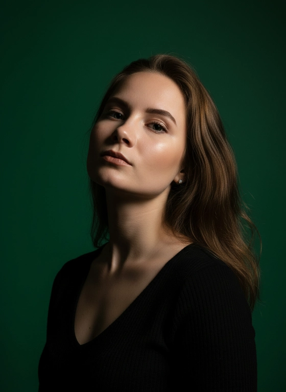 Создай портрет, используя те же черты лица (на основе загруженного фото), характеризующийся резким кинематографическим освещением и интенсивным контрастом. Снятый с немного нижнего ракурса, направленного вверх, что подчеркивает линию подбородка и шеи модели, этот портрет производит впечатление доминантности и скульптурной элегантности. Фон — глубокий, насыщенный зеленый, создающий яркий визуальный контраст со сияющей кожей модели и темной одеждой.