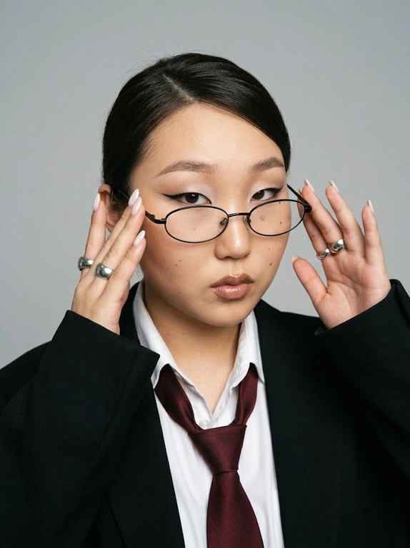 Используй приложенное фото и создай снимок, где крупным планом изображена эта женщина, одетая в белую рубашку с расстегнутыми верхними пуговицами, черный оверсайз пиджак и расслабленно завазанный бордовый мужской галстук, что создает деловой, но неформальный образ. Черты лица, телосложение, цвет волос остаются неизменными с референсом. Волосы убраны назад в гладкий пучок, боковой пробор. На лице женщины узкие овальные очки в тонкой черной оправе. Выражение лица уверенное, надменное, смотрит в камеру из под очков и поправляет очки двумя руками. Губы слегка приоткрыты. На пальцах видны массивные серебрянные кольца.  Маникюр. длинные ногти миндальной формы, покрытые молочным лаком. Макияж в стиле офисной сирены: тонкие брови, выразительные стрелки на глазах, растушеванные светлые тени, губы подведены коричневым карандашом, глянцевые. Освещение мягкое и равномерное, создающее студийную атмосферу. Фон чистый, однотонный, светло-серый, который контрастируют с темным пиджаком и галстуком. Общая атмосфера снимка - сексуальная, стильная и современная. Y2K стиль, зернистость, легкий винтажный фильтр.