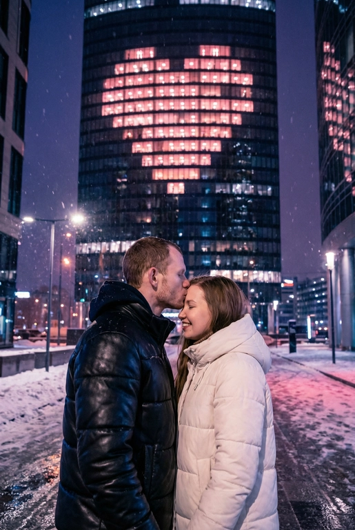  Создай не меняя черты лица. Романтический снимок пары, стоящей на заснеженной городской улице поздним вечером. Главный объект – крупный план пары: мужчина в черной кожаной дутой зимней куртке нежно целует женщину в белой дутой куртке в лоб, она стоит с прикрытыми глазами, улыбаясь. За ними возвышается массивный современный жилой небоскреб, на фасаде которого окна на нескольких этажах подсвечены ярким  светом, формируя огромное пиксельное сердце. Освещение драматичное, контрастное, с преобладанием холодных тонов в небе и тёплого, неонового розового свечения от здания. Снег на земле отражает свет. Урбанистическая, зимняя, кинематографическая фотография, атмосферный кадр.