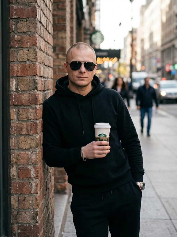 Кинематографический портрет человека в городской обстановке, стоящего у стены и расслабленно опирающегося на неё спиной. Он держит в руке стакан с кофе из "Starbucks" и смотрит в сторону камеры. На запястье стильные часы, на лице тёмные солнцезащитные очки. Естественный городской свет, мягкие тени, атмосферная уличная сцена, фотореализм, высокая детализация, кинематографическая глубина резкости.

Какая будет одежда?: Черная худи и спортивные штаны