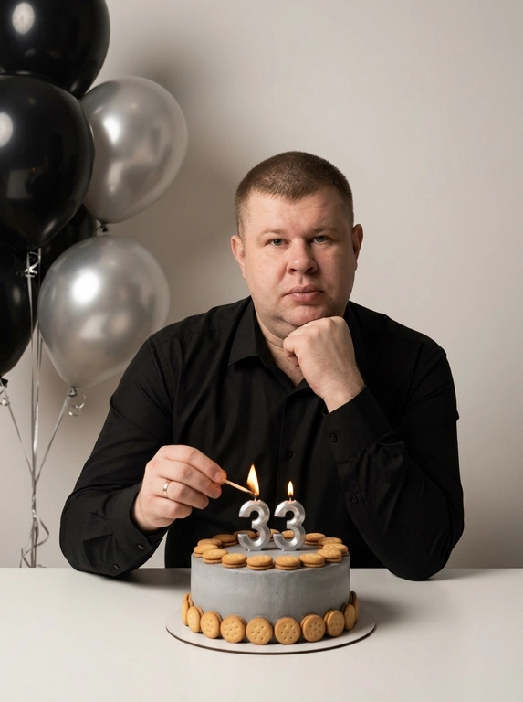 Студийный портретный снимок человека в день рождения, выполненный в дорогом минималистичном стиле с сдержанной праздничной атмосферой. Человек сидит за белым столом на фоне светлой нейтральной стены. Слева от него находится аккуратная связка гелиевых воздушных шаров серебристого и чёрного цветов. На переднем плане на столе стоит элегантный круглый торт с гладким серым покрытием, украшенный по бокам аккуратным рядом круглого печенья, и две свечи в виде цифр, которые горят ярким тёплым пламенем.

На человеке надета дорогая классическая рубашка глубокого чёрного оттенка из плотной премиальной ткани, с чётким воротником, длинными рукавами и аккуратной посадкой по фигуре. Образ выглядит сдержанно, стильно и дорого, без лишней вычурности.

Поза: человек сидит, опершись подбородком на тыльную сторону согнутой в локте левой руки, а правой рукой держит горящую спичку, поднося её к свечам на торте. Выражение лица спокойное, задумчивое, немного отстранённое.

Цветовая гамма сдержанная, благородная, монохромная, выдержанная в чёрно-серых, графитовых и серебристых тонах с тёплыми акцентами от огня свечей. Освещение мягкое, студийное, с деликатными тенями, подчёркивающими объём лица, фактуру одежды и общую атмосферу дорогого лаконичного портрета. Кадр выглядит чисто, стильно и современно, как премиальный портрет для социальных сетей или личной съёмки на день рождения.

Цифры на свечах: 33