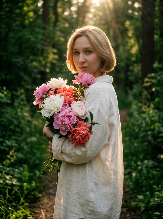 Кинематографичная фотореалистичная photography модели в лесу летом, снятая на Hasselblad X2D II 100C, 85mm lens, f/1.8, medium full shot, камера расположена на уровне талии и слегка сбоку. Модель стоит на узкой лесной тропинке среди густого зелёного леса, повернувшись вполоборота через плечо к камере. В руках она нежно прижимает к себе огромный букет цветов, отдельные ветки частично закрывают плечо и грудь. Выражение лица спокойное и чувственное, еле заметная улыбка, губы расслаблены, взгляд направлен прямо в камеру. На ней свободная белая длинная льняная рубашка oversize с длинными рукавами, натуральная слегка мятая ткань красиво подсвечивается солнцем. Кожа ровная, сияющая, с лёгким естественным загаром и realistic skin texture без plastic skin. Макияж soft natural glam: мягкий contouring, пушистые brows, длинные натуральные ресницы, subtle warm glow на коже. Тёплый золотой свет закатного солнца проходит сквозь деревья и создаёт cinematic backlight вокруг силуэта, мягкие солнечные блики на сирени и ткани одежды, глубокие зелёные тени в лесу. Атмосфера тихая, живая и немного dreamy, будто кадр из арт-фильма. Moody underexposed forest photography, warm golden highlights, rich deep greens, soft haze, subtle film grain, luxury Pinterest editorial aesthetic, ultra photorealistic RAW quality.

Какие будут цветы?: В руках пионы