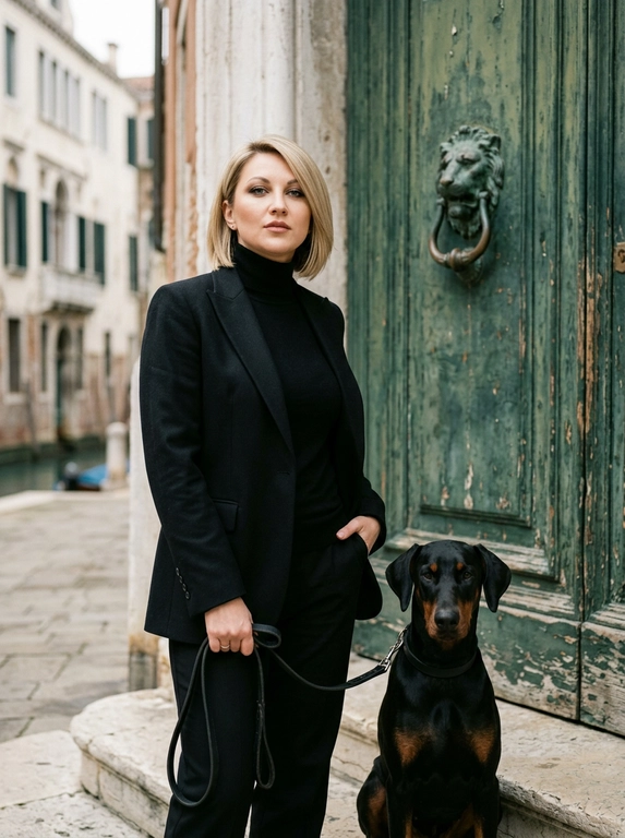 Кинематографический портрет по пояс, мелкое плёночное зерно, высокая детализация.
Модель стоит у массивной облупившейся зелёной деревянной двери старинного венецианского палаццо. Дверь с патиной, массивная бронзовая ручка в виде львиной головы, каменные ступени.
Модель в чёрном классическом мужском костюме с водолазкой под ним, небрежно расстёгнутом, одна рука в кармане, в другой держит поводок. Рядом спокойно сидит её доберман.
Задумчивый уверенный взгляд прямо в камеру, мягкий естественный свет, лёгкие тени, кинематографическая атмосфера, плёночное зерно, снято на среднеформатную камеру, 85mm объектив, мягкий контраст, реалистичная текстура ткани и дерева.