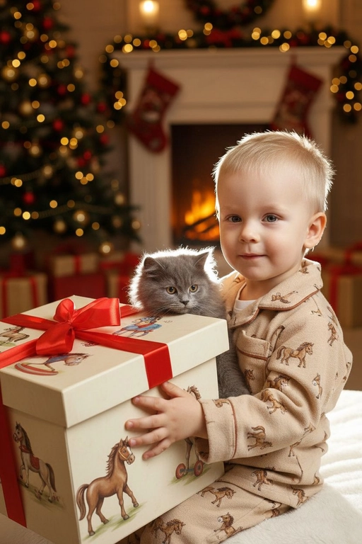 Используйте отправленную мной фотографию в качестве референса. Камера снимается немного выше уровня глаз, глядя прямо на модель, охватывая от середины груди и выше.  На изображении человек держит подарочную коробку  (размер 50х500х50 сантиметров) с крышкой, перевязанную красной лентой. На коробке нарисованные игрушечные лошадки. На фоне размытая рождественская или новогодняя елка. Лицо в три четверти (3/4), Модель в красной пижамной рубашке в клетку. Смотрит в камеру с легкой улыбкой, как будто предвкушая открыть свой подарок. 

Освещение выполнено по принципу софтбокса, но с более сильным, концентрированным основным светом для создания интенсивного свечения, сохраняя при этом мягкие тени, которые подчёркивают черты лица человека. 
Гиперреалистичная детализация, передающая каждый нюанс красоты, выражения лица и сложную текстуру волос, кожи и одежды. Атмосфера новогоднего праздника.  Максимально сохранить все черты лица ребёнка, минимум обработка лица. Ребёнок одет в пижаму бежего цвета с вышивкой лошади. На заднем фото елка и камин. В руках мальчик держит серого кота