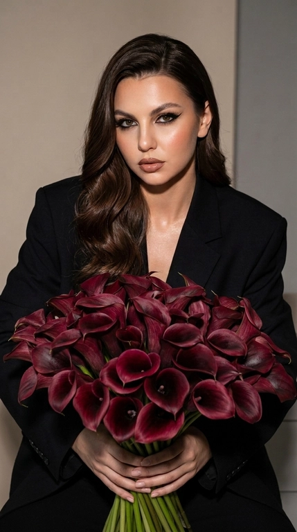 Ультрареалистичный fashion-портрет в эстетике luxury editorial. Крупный план по пояс. Женщина слегка наклоняется над огромным роскошным букетом, который полностью заполняет передний план кадра. Она смотрит прямо в камеру с мягким, уверенным взглядом.
На женщине чёрный оверсайз-пиджак премиального кроя с чёткой линией плеч. 
Макияж luxury soft glam: длинные густые ресницы с лисьим эффектом, чёрные графичные стрелки, ламинированные брови, лёгкий контуринг, персиковые румяна, золотистый хайлайтер, губы с чётким нюдово-коричневым контуром и глянцевым блеском.
Фон минималистичный, нейтральный, тёплых бежево-серых оттенков, без лишних деталей. Освещение — мягкий студийный свет в сочетании с прямой вспышкой камеры, создающий выразительный контраст, естественные блики на коже, лепестках роз и ткани пиджака. Глубокие, но мягкие тени подчёркивают объём и атмосферу дорогой журнальной съёмки.
Максимальная детализация: текстура кожи с видимыми порами, отдельные пряди волос, бархатистые лепестки, фактура ткани пиджака. Живой RAW-эффект, лёгкое плёночное зерно, без ретуши, без пластиковой кожи, без AI-эффекта.
Ultra realistic RAW photo, high fashion editorial, luxury portrait, oversized bouquet of deep red roses, black oversized blazer, direct flash photography, cinematic contrast, authentic skin texture, visible pores, realistic hair strands, premium magazine aesthetic, 8K, sharp focus, no beauty filter, no plastic skin, no AI artifacts.

Какие будут цветы?: Букет из сотен пионов

Какая будет прическа?: Волосы уложены в крупные гладкие голливудские волны с выраженной S-образной текстурой и глянцевым блеском. Основной объём перекинут на одну сторону, несколько мягких прядей лежат на плече и частично касаются букета.