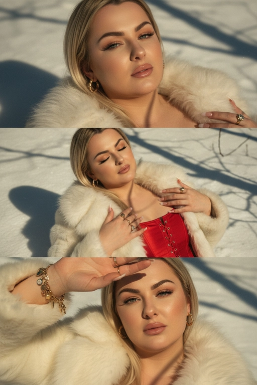 Создай не меняя черты лица.Макияж: яркий в стиле Y2K - длинные натуральные ресницы,приподнятые брови,  контур и румяна, свечение хайлайтера, глянцевые нюдовые губы. Ногти: средней длинны в стиле baby boomer.
﻿﻿Ювелирные изделия: подходящие серьги + несколько колец + браслет с подвесками. Композиция в три части в стиле Y2K: Верхний кадр:
﻿﻿крупный план её глаз и верхней части лица, она лежит на снегу,солнечный свет создаёт резкие тени от деревьев/ ветвей. Средний кадр - она лежит на снегу, в шубе, под ней корсет, глаза закрыты, лёгкая улыбка. Нижний кадр - крупный план, она смотрит прямо в камеру, одна рука закрывает солнце, тени полосами на её лице. Она лежит на снегу.Общая эстетика Y2K: тёплые тона, золотистый оттенок, мягкая зернистость, повышенный контраст, лёгкий виньетирование, ностальгическое, мечтательное настроение. Цвет шубы - белый , цвет корсета - красный.