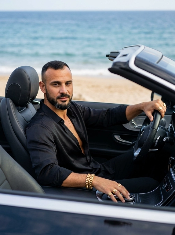Фотореалистичная luxury lifestyle fashion-фотография на побережье в эстетике дорогой мужской рекламной кампании. Мужчина сидит за рулём современного премиального кабриолета с открытой крышей, припаркованного у океанского побережья. Кадр снят с пассажирской стороны через открытый салон, камера расположена чуть ниже уровня глаз и близко к мужчине. Кадрирование по грудь.

Мужчина расслабленно откинулся в кожаное водительское сиденье, корпус слегка развёрнут к камере. Одна рука свободно лежит на руле, вторая расслабленно расположена у центральной консоли. Голова слегка повернута к объективу, взгляд направлен прямо в камеру. Выражение лица спокойное, уверенное и сдержанное.

На мужчине свободная чёрная рубашка из плотного шёлка с матово-сатиновым блеском, верхние пуговицы расстёгнуты. Рукава слегка закатаны, открывая запястья. На руке массивный золотой браслет с инкрустацией камнями и несколько крупных золотых мужских колец. Металл и камни ловят точечные солнечные блики, аксессуары выглядят дорогими и реалистичными, без чрезмерного блеска.

Салон автомобиля выполнен из тёмной премиальной кожи с аккуратной прострочкой, металлическими деталями и минималистичной современной отделкой. Интерьер остаётся затемнённым и создаёт глубокий контраст с ярким морским пейзажем за открытым автомобилем.

На заднем плане видны глубокий синий океан, светлый песчаный пляж и чистая линия горизонта. Морской пейзаж мягко уходит в естественную глубину резкости, оставаясь узнаваемым. Яркий дневной солнечный свет падает сбоку, подчёркивает скулы, линию лица, фактуру чёрной рубашки и золотые аксессуары.

Натуральная текстура кожи, отчётливо видимые поры и мелкий рельеф кожи, естественные солнечные блики, без пластиковой ретуши, без AI smoothing.

Снято на профессиональную полнокадровую камеру, 85mm, f/1.4, ISO 100, RAW. Shallow natural depth of field, rich blacks, warm skin tones, deep ocean blues, subtle film grain, controlled highlights, premium luxury campaign color grading, high-end men's lifestyle editorial, ultra realistic, high detail, no CGI, no artificial glossy skin, no excessive HDR.

Очки: Без очков