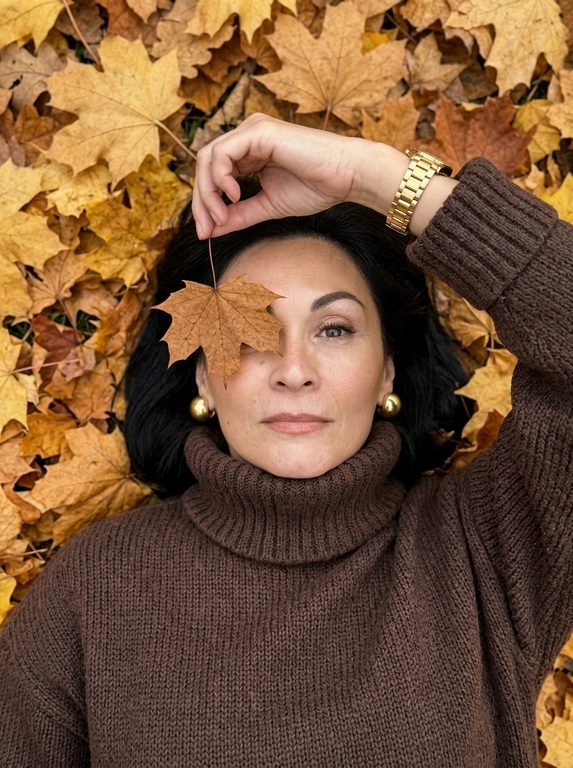 Максимально фотореалистичная фотография, снятая на iPhone. Женщина лежит на спине на плотном ковре из сухих осенних кленовых листьев золотисто-жёлтых, охристых, медных и коричневых оттенков. ракурс: камера находится сверху над женщиной, но не строго вертикально над центром лица — фотограф расположен немного со стороны её корпуса, поэтому кадр идёт сверху вниз под лёгким диагональным углом. Голова находится ближе к верхней части кадра, корпус уходит вниз, лицо и верх тела имеют естественную перспективу. Кадр достаточно близкий — женщина занимает почти всю фотографию, видна примерно от макушки до середины груди, по краям остаётся небольшое количество осенних листьев. Женщина лежит расслабленно, голова немного повернута в сторону, лицо не строго анфас, подбородок слегка развёрнут вбок, при этом глаза смотрят прямо вверх в объектив. Одна рука поднята перед лицом и согнута в локте, женщина тонкими пальцами держит за черенок один сухой коричневый кленовый лист точно напротив одного глаза— лист закрывает один глаз, второй глаз полностью открыт и хорошо виден. На женщине очень объёмный тёмно-коричневый оверсайз свитер из толстой крупной вязки, свободный в плечах и корпусе, с массивным широким высоким горлом и длинными очень широкими рукавами. На поднятой руке поверх рукава свитера находятся одни золотые часы с широким металлическим браслетом, никаких дополнительных часов или браслетов. В ушах крупные эффектные круглые золотые серьги (Не кольца!). Макияж: длинные объёмные пучковые ресницы с 2D-эффектом, кожа с естественной текстурой и видимыми порами, без ретуши. Весь фон состоит только из осенних листьев, без посторонних объектов, слегка пониженная экспозиция, натуральная цветопередача, высокая детализация, фон чёткий без размытия.