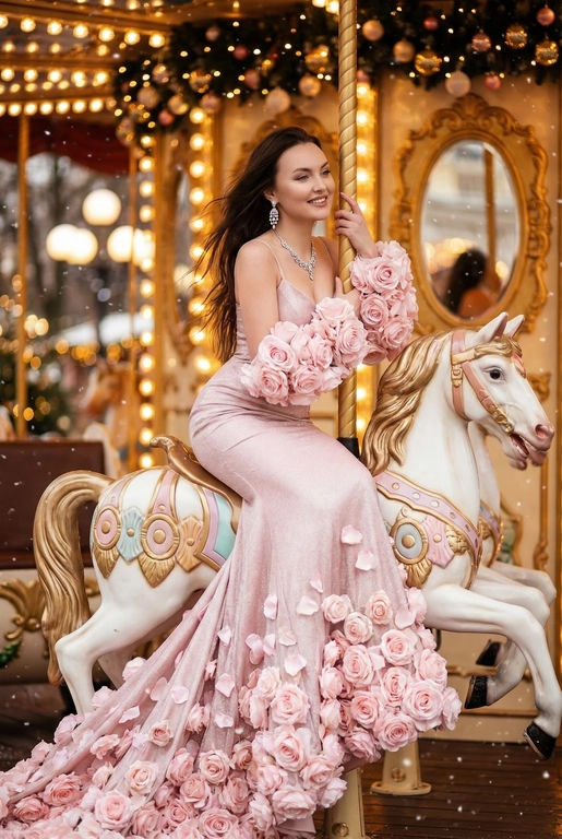  Сказочный праздничный портрет на ретро-карусели, вертикальный кадр до пола. Девушка сидит боком верхом на белой карусельной лошадке с золотыми и пастельно-розовыми декоративными элементами, руками обнимает золотой столб, на ней, уши украшены свисающими серьгами. Волосы распущены и развеваются, лицо слегка повернуто в сторону, выражение расслабленное и радостное. Фон залит тёплым светом гирлянд и лампочек карусели, золотые рамы зеркал и размытые огни парка создают атмосферу роскошной рождественской ярмарки, в воздухе лёгкие снежинки и боке. Гламурный праздничный стиль, насыщенные тёплые тона, мягкое боке, high fashion editorial, 8k, cinematic lighting, shallow depth of field, festive atmosphere. --ar 9:16 --v 6 --style raw --q 2 На ней мерцающее бледно-розовое атласное платье «русалка» и тонкими бретелями, плотно облегающее талию и бедра, переходящее в длинный шлейф, полностью покрытый объемными бледно-розовыми розами и лепестками; крупные цветочные манжеты/рукава из тех же роз; изысканное бриллиантовое ожерелье