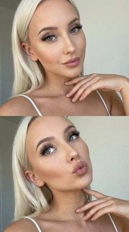   Это изображение представляет собой вертикальный коллаж из двух очень похожих селфи, снятых крупным планом, вероятно, для демонстрации макияжа или выражения эмоций.
Общие черты (для обоих кадров):
•  Модель: Молодая женщина лет с очень длинными светлыми волосами, которые собраны назад или свободно спадают за плечи.
•  Макияж: стрелки, длинные нарощеннные ресницы, легкий румянец, хайлайтер.
  •  Глаза: Выразительные, серо-голубые. Главный акцент — на ресницах, которые очень длинные, густые и подкрученные (вероятно, наращенные или сильно накрашенные тушью), создающие эффект «паучьих лапок» или «кукольных глаз».
  •  Губы: Полные, покрыты матовой помадой нюдового, приглушенного коричнево-розового оттенка.
•  Одежда: Видна тонкая белая бретелька топа или майки.
•  Фон: Нейтральный, светлый, однородный, что позволяет сосредоточиться на лице модели.
Описание первого (верхнего) кадра:
•  Выражение лица: Модель смотрит прямо в камеру с легкой полуулыбкой. Взгляд спокойный и уверенный.
•  Поза: Правая рука приложена к ключице и шее, что подчеркивает изящество линии шеи и плеч. Голова слегка наклонена.
Описание второго (нижнего) кадра:
•  Выражение лица: Модель сложила губы «уточкой» (поцелуй) и смотрит вверх и немного в сторону. Это игривое выражение.
•  Поза: Рука находится в том же положении, что и на верхнем кадре. Ракурс немного ближе и ниже, что еще больше подчеркивает линию подбородка и контуринг скул.
Общее впечатление:
Коллаж демонстрирует два разных настроения — от чувственной уверенности до игривого кокетства. Снимки выполнены в эстетике бьюти-фотографии, где особое внимание уделяется деталям макияжа и идеальной коже.
Высокая детализация текстур кожи, одежды и волос. Черты лица-полностью сохранены как на референсном фото.
Формат 9:16.
