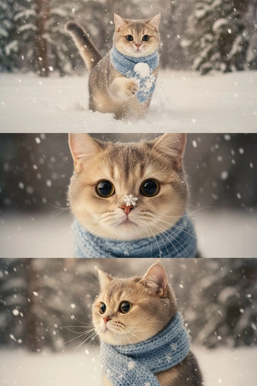     Коллаж из 3-Х фото моего питомца на зимнем фоне в снегу. Питомец в вязаном шарфе, вокруг падает снег, на заднем плане заснеженный лес.

Первый кадр — питомец в полный рост. Он играется со снегом 

Второй кадр — крупный план, увеличенный кадр мордочки питомца с одной снежинкой на носике. Мордочка питомца занимает весь кадр, взгляд прямо в камеру 
 
Третий кадр - портрет питомца, он смотрит в левую сторону. На фото виден шарф, на шарфу есть снежинки 

Три кадра объединены в вертикальный коллаж в едином тоне и свете. Атмосфера — реалистичная, теплая и немного кинематографичная.
Свет мягкий, утренний. Цвет шарфа - голубой