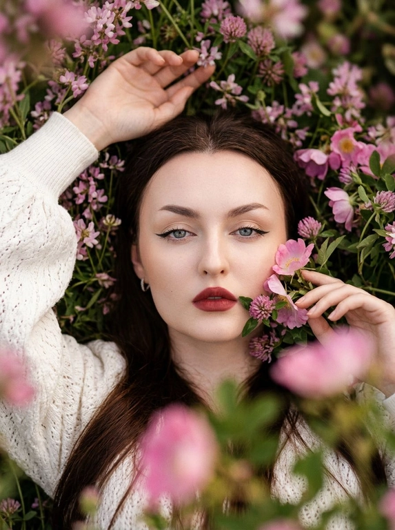 Экстремально крупный, кинематографичный портрет лица человека, лежащего среди густых полевых цветов, камера максимально близко — в кадре преимущественно лицо, черты сохранены без изменений, вокруг море цветов, создающее ощущение мягкого природного кокона, одна рука изящно поднята над головой, вторая мягко касается цветов рядом, на переднем плане сбоку частично размытые, не в фокусе цветы добавляют глубину и лёгкое ощущение движения, одета в летнее белое вязаное платье с объёмными рукавами, мягкая текстура ткани едва читается, естественный мягкий свет подчёркивает кожу и блики в волосах, малая глубина резкости, художественное боке, атмосферный кадр с деликатным плёночным зерном.



Какие будут цветы?: Лежит среди розовых густых полевых цветов
