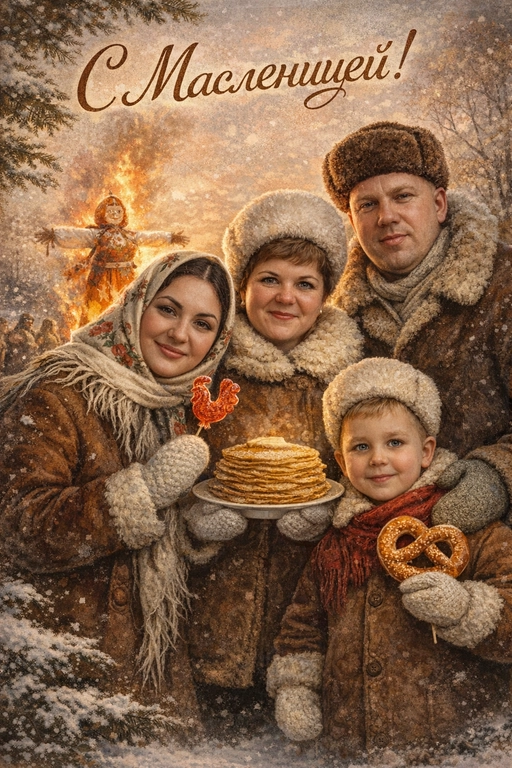  Создай винтажную открытку из предоставленных фотографий. Не меняй внешность, возраст, черты лица и индивидуальные особенности.
Стиль — советские сказочные открытки 1950–1970-х годов: мягкая живописная иллюстрация, тёплая палитра, ощущение уюта, лёгкая художественная детализация, деликатное зерно.
Композиция и формат:
Одежда: в традиционной славянской зимней одежде (шапки, полушубки, платки, варежки).
В руках могут быть традиционные угощения (сахарный петушок на палочке, крендель, стопка блинов на тарелке).
На заднем фоне — большая горящая Масленица (чучело на костре).
Зима, золотой час, мягкий тёплый свет.
Качество 8K.
Надпись: «С Масленицей!»
Шрифт — изящный, рукописный, сказочный, в стиле советских открыток.