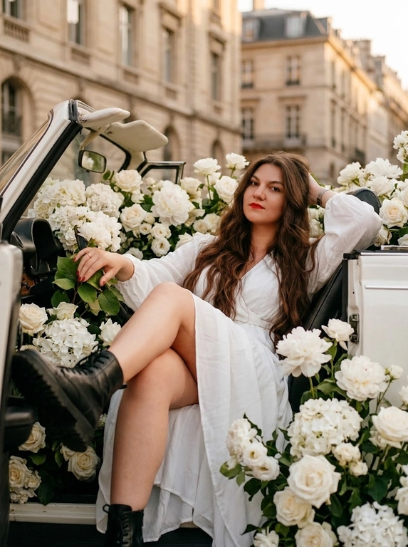 Ultra-realistic cinematic fashion editorial of a woman inside a vintage convertible filled with dense white flowers (roses, peonies, hydrangeas), covering seats and overflowing edges.
Close to medium-full body, legs dominant in foreground. Camera slightly above door level, side angle. Foreground: car door + flowers closer to lens. Background: softly blurred Paris-style architecture. Shallow DOF, creamy bokeh.
Pose: reclined in flowers, legs bent toward camera, one knee higher, body leaning back, head slightly tilted, relaxed confident gaze, arms resting naturally.
Styling: light white/cream soft dress (loose, romantic fabric) + black chunky leather combat boots.
Makeup: red lipstick, thick lashes.
Lighting: golden hour + direct flash (Y2K look), soft highlights, warm cinematic grading, slight haze.
Details: realistic skin texture (visible pores), natural shadows, detailed imperfect petals, fabric folds, soft reflections on car.
Shot on 50mm, f/1.8, ultra-detailed, 8k, photorealistic, no Al artifacts.
Mood: romantic luxury editorial, soft vs rough contrast.

Какого цвета будет машина?: Цвет машины белый.