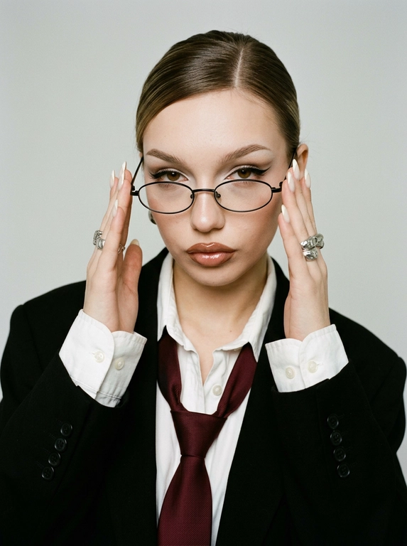 Используй приложенное фото и создай снимок, где крупным планом изображена эта женщина, одетая в белую рубашку с расстегнутыми верхними пуговицами, черный оверсайз пиджак и расслабленно завазанный бордовый мужской галстук, что создает деловой, но неформальный образ. Черты лица, телосложение, цвет волос остаются неизменными с референсом. Волосы убраны назад в гладкий пучок, боковой пробор. На лице женщины узкие овальные очки в тонкой черной оправе. Выражение лица уверенное, надменное, смотрит в камеру из под очков и поправляет очки двумя руками. Губы слегка приоткрыты. На пальцах видны массивные серебрянные кольца.  Маникюр. длинные ногти миндальной формы, покрытые молочным лаком. Макияж в стиле офисной сирены: тонкие брови, выразительные стрелки на глазах, растушеванные светлые тени, губы подведены коричневым карандашом, глянцевые. Освещение мягкое и равномерное, создающее студийную атмосферу. Фон чистый, однотонный, светло-серый, который контрастируют с темным пиджаком и галстуком. Общая атмосфера снимка - сексуальная, стильная и современная. Y2K стиль, зернистость, легкий винтажный фильтр.