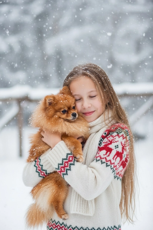 Соответствие лица: сохраняйте точные черты лица, структуру костей, разрез глаз, форму губ, текстуру кожи и оттенок по загруженной фотографии, максимально соответствует индивидуальности] -> Человек с мягкой улыбкой, полузакрытыми от счастья глазами -> нежно обнимает собаку, щека прижата к пушистой шее собаки, обе руки обвиты вокруг груди и шеи собаки, снежинки тают на шерсти и волосах., нежное, любящее выражение лица -> в кремово-белом толстом свитере скандинавской вязки с традиционным красно-зеленым рождественским рисунком на рукавах и воротнике,  в белом вязаном шарфе, свободно повязанном на шее -> на улице в сильный снегопад. В кадре видно морду собаки. Собака породы оранжевый померанский шпиц