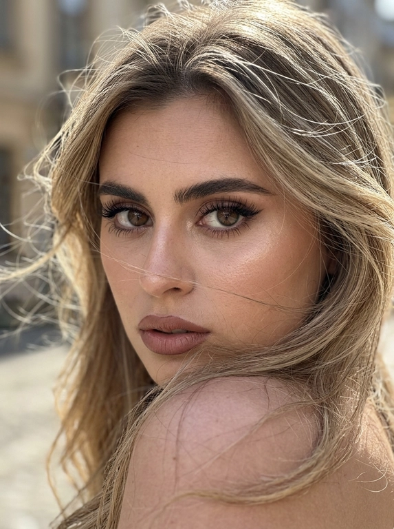 Ультрареалистичная фотография, случайный живой портрет, снятый на iPhone 17 Pro. Эффект настоящего кадра, сделанного в моменте, без постановочности, без фильтров и ретуши.

Внешность полностью сохранена без изменений. Женщина смотрит прямо в камеру. Голова слегка наклонена в сторону и опирается на плечо, плечо частично закрывает лицо. Выражение загадочное, притягательное и естественное.
Волосы активно развеваются ветром, отдельные пряди частично закрывают лицо и глаза, создавая эффект живого случайного кадра. Максимальная детализация отдельных волосков.

Легкий макияж с акцентом на глаза: длинные объемные ресницы, стрелки cat-eye на верхнем веке, идеально оформленные брови. Нюдовая матовая помада оттенка пыльной розы с контуром на тон темнее, влажный хайлайтер на скулах и переносице.

Одежда не видна. Основной акцент на лице, глазах и волосах.

Яркий прямой солнечный свет падает под углом на лицо, интенсивно подсвечивая глаза, подчеркивая глубину радужки, длинные ресницы и естественные блики в глазах. Солнечные лучи создают красивые световые акценты в волосах и на коже.

Естественная текстура кожи с видимыми порами, микрорельефом, легкими несовершенствами, едва заметными капиллярами в глазах. Живая кожа без эффекта пластика. Легкий цифровой шум, характерный для реальной фотографии.

Shot on iPhone 17 Pro, natural light, candid portrait, hyper detailed iris, visible skin pores, realistic skin texture, unedited RAW photo, depth of field, soft highlights, windblown hair, authentic photography, photorealistic, ultra realistic, 8k.