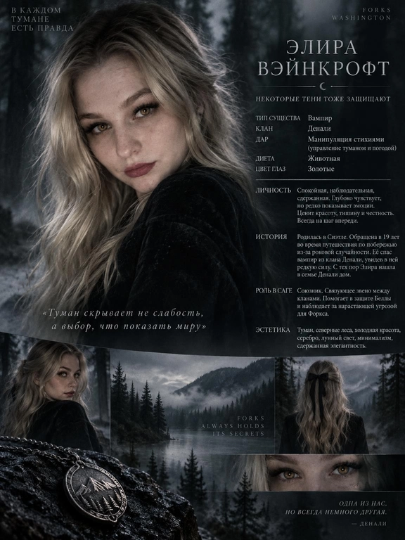 Создай cinematic character poster в стиле официальных фильмов Twilight Saga: мрачная атмосфера, лес Форкса, туман, холодная цветокоррекция, драматичный свет.

Используя моё фото, создай образ персонажа и оформи результат как character dossier с инфографикой в стиле Twilight Saga. Всё на русском языке.

ВАЖНО

Каждая новая генерация должна создавать полностью нового уникального персонажа и новый визуальный образ.

При каждой новой генерации самостоятельно придумывай заново:

тип существа;
имя и фамилию;
характер;
историю;
способности;
клан или стаю;
роль в саге;
эстетику;
одежду;
причёску и укладку;
выражение лица;
позу;
композицию постера;
фон и окружение;
свет;
визуальные детали и аксессуары.

Не повторяй один и тот же визуальный образ между генерациями. Каждый следующий результат должен заметно отличаться от предыдущего одеждой, стилизацией, позой, атмосферой и оформлением постера.

При этом сохраняй исходную внешность человека с загруженного фото: лицо, черты лица, форму лица, нос, губы, брови, пропорции и узнаваемость. Не превращай человека в другого. Меняться должен образ персонажа, а не его личность и базовая внешность.

Нельзя повторять имя, фамилию, подписи, описание личности, историю, способности, клан/стаю, роль в саге, эстетику персонажа и другие текстовые элементы из предыдущих генераций.

Если создаётся несколько постеров одновременно, каждый должен выглядеть как совершенно отдельный персонаж, а не как вариация одного и того же.

Имя и фамилия должны быть оригинальными, не совпадать с именами канонических героев Twilight Saga и не повторяться между персонажами.

На постере текстом и визуально обязательно должны быть:
Тип существа
Имя и фамилия персонажа
Описание личности
История
Способности, если есть
Цвет глаз, если он изменён, и это изменение должно быть видно во внешности
Клан / стая
Роль в саге
Эстетика персонажа
Логика по типу персонажа

1. Вампир

Спокойствие, наблюдательность, эмоциональная глубина, интеллект, внутренняя дистанция и эстетичность.

Если выбран вампир, обязательно укажи:

клан;
дар;
историю обращения;
диету;
цвет глаз по канону: золотые при животной диете, красные при человеческой.

Внешний образ вампира каждый раз должен быть новым: меняй одежду, стилизацию, настроение, позу, окружение и характер освещения.

2. Оборотень

Эмоциональность, энергия, импульсивность, защитный характер, преданность и лидерство.

Если выбран оборотень, обязательно укажи:

стаю;
роль в стае;
историю первого обращения.

У оборотней нет дара.

Для каждого нового оборотня создавай отдельный визуальный образ, соответствующий его характеру и роли в стае.

3. Человек

Реалистичность, человечность, адаптивность, искренность и влияние на сюжет без сверхсил.

Если выбран человек, обязательно укажи:

историю персонажа.

Образ человека также должен быть уникальным в каждой генерации: новая одежда, настроение, окружение, поза и эстетика.

Дополнительные требования
Сохраняй мою внешность как точную основу персонажа.
Не используй один и тот же костюм или одну и ту же композицию повторно.
Не делай все постеры с одинаковой причёской, позой и выражением лица.
Внешний образ должен соответствовать придуманным характеру, истории, клану или стае.
Текст должен выглядеть как часть официального character dossier.
Подписи должны быть логичными, читабельными и уникальными.
Не копируй формулировки между генерациями.
Каждый результат должен ощущаться как совершенно новый персонаж и новый фотосет внутри вселенной Twilight Saga.