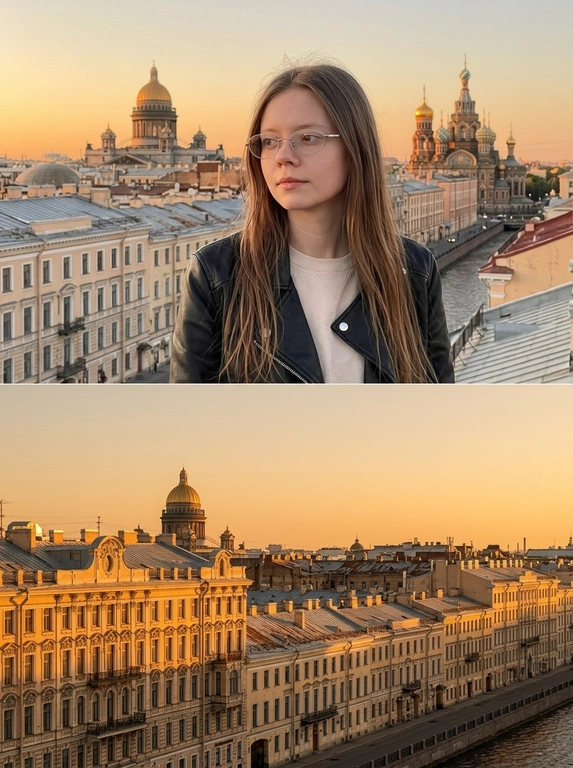 Реалистичный вертикальный диптих: один общий вертикальный коллаж, состоящий строго из двух горизонтальных кадров, расположенных один над другим, без рамки, без обводки, без границы между кадрами, без декоративных borders. Кадры соединены естественно и чисто, как единая вертикальная композиция. Снято как случайное lifestyle-фото на iPhone. Модель стоит на крыше в Санкт-Петербурге во время тёплого майского золотого заката. Модель выглядит естественно и расслабленно, без постановочного ощущения, будто это случайный кадр из сторис или Reels. На фоне видна узнаваемая атмосфера центра Петербурга: старые крыши, исторические фасады, классическая архитектура и купол старинного здания на дальнем плане, мягко подсвеченный закатным светом. Оранжево-золотое небо без облаков, тёплые отражения на фасадах, спокойная атмосфера красивого питерского вечера. Модель одета в чёрную кожаную куртку поверх светлого лонгслива, на ней прозрачные тонкие овальные очки в минималистичной оправе. Макияж естественный, дорогой и аккуратный: мягкие стрелки, длинные ресницы, живая текстура кожи без пластиковой ретуши. Взгляд расслабленный и задумчивый, направлен немного в сторону. Верхний кадр: модель снята крупнее на фоне закатного неба и городской архитектуры. Нижний кадр: красивый вид на архитектуру Петербурга с тёплым солнечным светом на фасадах без человека. Фото выглядит как кадр из Pinterest или Reels, с ощущением свободы, тишины и красивого вечера. Кинематографичная rooftop-атмосфера, лёгкая плёночная зернистость, реалистичные тени, натуральное закатное свечение, тёплые насыщенные оттенки, уютная европейская городская эстетика, cinematic urban romance vibe, ultra realistic. Без современной высотной застройки, без фантазийной архитектуры, без студийной постановки, без идеальной симметрии, без пластиковой ретуши кожи, никаких третьих кадров, никаких дополнительных мини-фото, никаких белых или чёрных рамок, никаких декоративных обводок, никаких полароидных краёв, только два горизонтальных кадра один над другим без видимой рамки.
