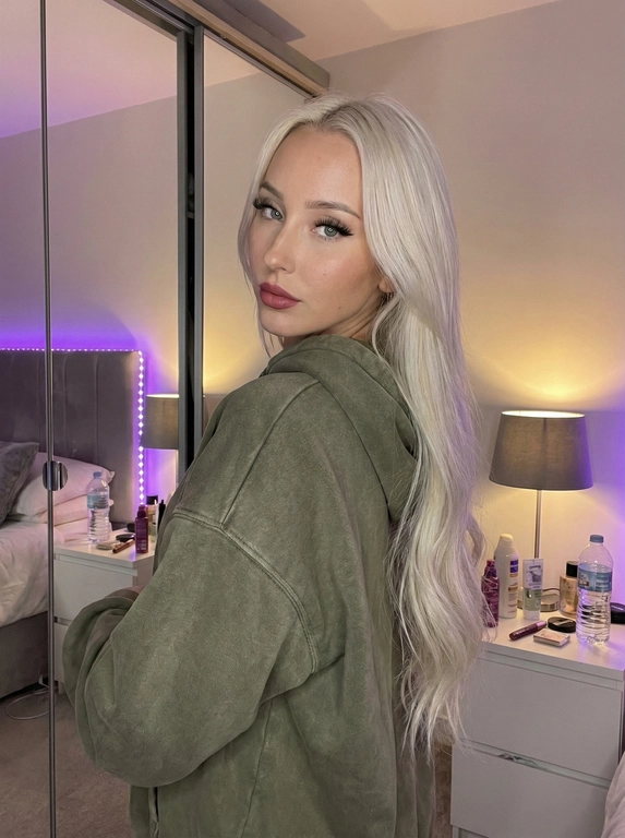   На этой фотографии представлена молодая женщина, позирующая в домашней обстановке.
Внешность и образ
• Волосы: У девушки очень длинные, густые светлые волосы, прямые. Волосы разделены на прямой пробор и эффектно спадают на спину и плечо.
• Лицо и макияж: Лицо повернуто к камере через плечо. Нанесен аккуратный макияж: стрелки на глазах, нарощенные длинные ресницы, и помада естественного розоватого оттенка.
• Одежда: На ней надет объемный свитшот или худи (оверсайз) серо-зеленого или оливкового цвета с эффектом «варенки» (выстиранной ткани). Ткань выглядит плотной и мягкой.
Интерьер и обстановка
• Зеркала и мебель: Девушка стоит перед большим зеркальным шкафом, в котором отражается часть комнаты. Справа видна прикроватная тумбочка белого цвета с выдвижными ящиками и лаконичной фурнитурой.
• Освещение: В комнате создана уютная атмосфера благодаря декоративной светодиодной подсветке фиолетового цвета, которая обрамляет изголовье кровати и отражается в зеркалах. На тумбочке стоит настольная лампа с серым абажуром и классическим основанием.
• Детали: На заднем плане можно заметить различные предметы быта: флаконы (возможно, косметика или парфюм), бутылку воды и другие мелочи, что придает кадру естественность и «живой» характер.
Композиция
Снимок сделан в ракурсе «через плечо», что создает доверительный и немного загадочный образ. Цветовая гамма фотографии теплая, с яркими акцентами от неоновой подсветки.
Высокая детализация текстур кожи и волос. Черты лица-полностью сохранены как на референсном фото.
размер 3:4.
