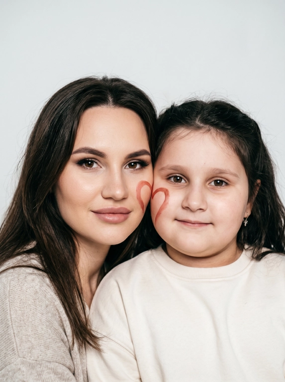 Не меняй внешность и черты лица «вертикальная фотография, мягкий студийный свет с эффектом вспышки, крупный план, умеренный контраст, лёгкая плёночная зернистость, винтажный документальный стиль.
Минималистичный светлый фон (чистая стена).
Родитель (слева) и ребёнок (справа), щёки соприкасаются. На щеке родителя — половина сердца, на щеке ребёнка — вторая, вместе образуют одно сердце.
Оба смотрят в камеру: у родителя спокойная тёплая улыбка, у ребёнка — спокойная тёплая улыбка.


Какая будет одежда?: Естественный внешний вид, уютная светлая повседневная одежда.