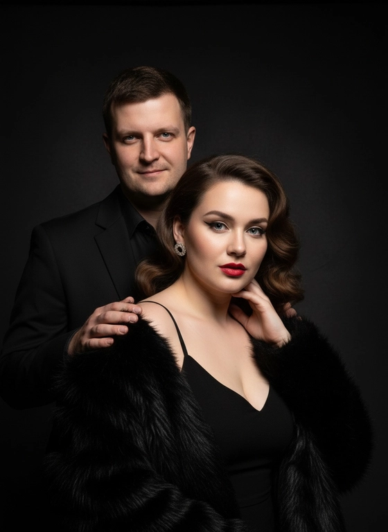 Студийный портрет женщины, выполненный в драматичном стиле. Фон тёмный, почти чёрный. Освещение направленное, создающее игру света и тени на лице и теле. Женщина одета в черное платье на тонких бретелях. Волосы убраны гладко убраны назад. На плечи накинута темная пушистая накидка из искусственного меха. На женщине надеты серьги-пусеты круглой формы с с блестящими камнями. Атмосфера сдержанная и элегантная. Цветовая гамма приглушённая, с акцентом на тёмные тона и небольшим добавлением тёплых оттенков на коже и губах. Детализированное лицо, фотография в стиле fashion editorial, cinematic lighting, ultra realistic. Она смотрит в камеру. Рука нежно касаются шеи.
Сзади женщины стоит мужчина, он одет в черный костюм, черную рубашку и оберегающе и нежно приобнимает женщину за Плечи. Волосы у женщины в виде прически голивудская волна. Губы красного цвета, стрелки на глазах. Лица не меняй. Сделай так как на исходниках
