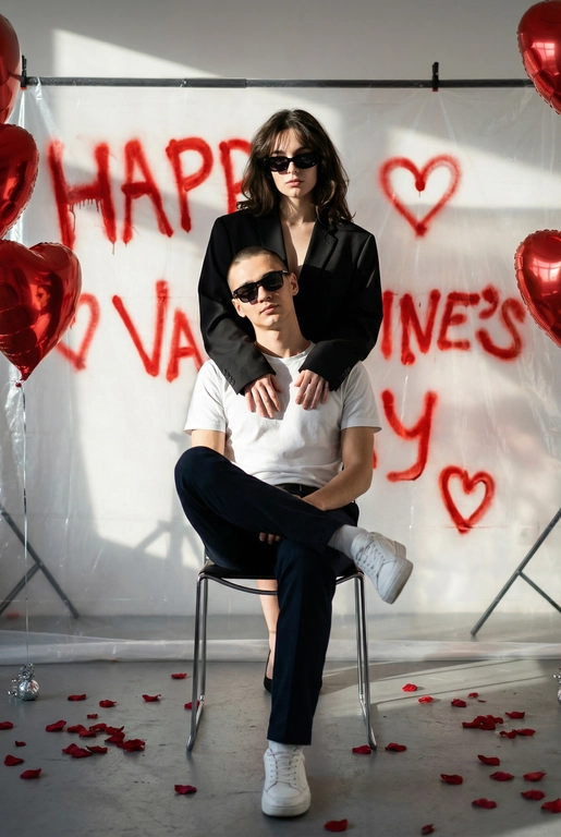 Фотореалистичная редакционная фотосессия пары ко Дню святого Валентина в студии. Фотозона как на референсе: белая студия с прозрачной плёнкой, натянутой на стойках. На плёнке — красные граффити-надписи "Happy Valentine's Day" и сердца в стиле спрей-арта, создающие дерзкий и контрастный фон. По бокам — студийные стойки и красные воздушные шары в форме сердца, на полу разбросаны красные лепестки роз. Атмосфера — современная, fashion, с лёгким арт-хаосом.

Поза и композиция: Крупный план до бедер, мужчина сидит на стуле по центру кадра в позе нога на ногу, уверенная расслабленная поза, его голова немного наклонена в сторону. Девушка стоит за ним, близко, её руки лежат на его плечах или слегка касаются шеи. Между парой ощущение близости и доминирующей, уверенной энергии девушки.
Одежда:
— Мужчина: белая футболка без принтов, тёмные брюки, белые кроссовки. Тёмные очки как fashion-акцент.
— Девушка: чёрный пиджак свободной посадки. Тёмные очки как fashion-акцент.
Выражения лиц: мужчина смотрит в камеру уверенно и спокойно. Девушка смотрит в камеру или слегка сверху вниз, с холодной, контролируемой эмоцией.
Свет: жёсткий студийный свет с акцентом на лица и текстуры, чёткие тени, высокий контраст.
Композиция: вертикальный кадр, пара по центру, фон полностью читается.
Стиль: фотореализм, модная редакционная съёмка, высокая детализация, современный fashion-editorial.