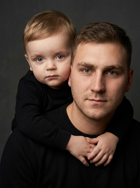 Создай портретный студийный кадр из фотосессии отца и сына. Сын обнимает отца сзади, лежа подбородком на его плече, руки мягко сомкнуты на груди мужчины. Оба смотрят прямо в камеру. Естественные спокойные эмоции, лёгкая серьёзность во взгляде.
Одежда — однотонные чёрные лонгсливы или свитера без принтов. Тёмный нейтральный фон (глубокий серо-оливковый или графитовый). Мягкий направленный студийный свет с лёгкой теневой глубиной, акцент на лицах, тёплая естественная цветокоррекция, высокая детализация кожи, натуральная текстура без излишней ретуши.
Кадр — крупный или средний план, плотная композиция, лица расположены близко друг к другу. Атмосфера — тёплая, камерная, эмоциональная, ощущение близости и доверия. Профессиональная съёмка, 85mm lens, shallow depth of field, cinematic portrait, ultra realistic.