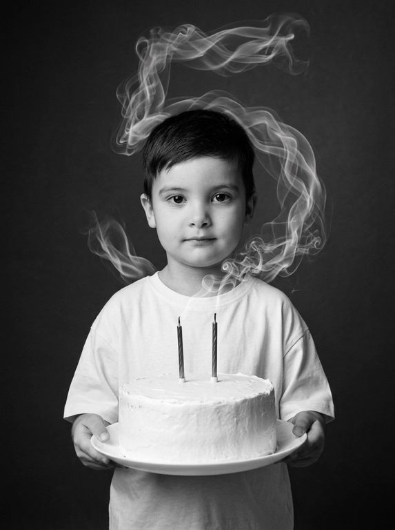 Create a highly photorealistic birthday studio portrait. Use ONLY the uploaded photo as the identity reference and generate the entire scene from scratch.

IDENTITY LOCK: preserve the uploaded person’s exact identity, facial structure, proportions, eyes, eyebrows, nose, lips, jawline, skin tone, skin texture, natural asymmetry, hair color and natural appearance. Preserve the person’s gender exactly as shown. Do not feminize, masculinize, beautify, age, de-age or alter their identity.

POLISHED APPEARANCE: the person must look exceptionally well-groomed, clean, polished and professionally styled, while remaining recognizable as themselves. Hair must look freshly washed, healthy, neat and professionally styled. Preserve the original hair color, length and texture from the uploaded photo, but create a tasteful, natural hairstyle suitable for a professional editorial birthday portrait. For women, create a polished feminine blowout or elegant natural styling when compatible with the original hair. For men, create neat, professionally groomed hair while preserving the original hairstyle. Skin should look clean and healthy with subtle natural grooming, never heavy makeup or artificial retouching.

COMPOSITION LOCK — identical for male or female:
The person stands centered, facing directly toward the camera, framed from approximately the waist up. They wear an oversized plain white T-shirt. Both hands hold a large round white frosted birthday cake on a simple white plate at lower center frame. The cake is directly in front of the torso, never positioned to the side. Two thin dark candles stand vertically on the cake.

Behind the person is a smooth dark charcoal-gray studio background. Realistic white candle smoke rises upward and forms the exact number. The number appears ONLY ONCE, large and clearly readable behind the upper body/head area, naturally connected to the candle smoke. It must look like real physical smoke, not typography.

The person looks directly into the camera with a calm, confident, natural expression and closed mouth.

Black-and-white luxury editorial photography, soft cinematic studio lighting, subtle shadows, realistic contrast and fine film grain. Ultra-photorealistic skin, hair, fabric, cake, hands and physically accurate smoke.

No plastic skin, messy or unstyled hair, greasy hair, excessive makeup, beauty filter, excessive retouching, CGI look, HDR, artificial sharpness, extra people, text, logos or watermark

Цифры из дыма: 5