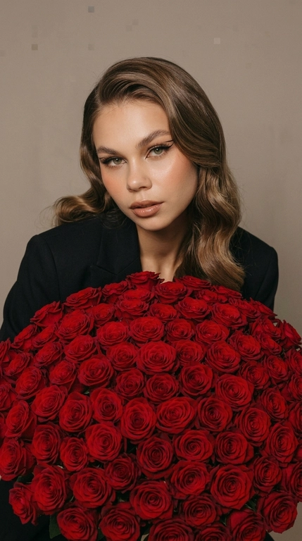Ультрареалистичный fashion-портрет в эстетике luxury editorial. Крупный план по пояс. Женщина слегка наклоняется над огромным роскошным букетом, который полностью заполняет передний план кадра. Она смотрит прямо в камеру с мягким, уверенным взглядом.
На женщине чёрный оверсайз-пиджак премиального кроя с чёткой линией плеч. 
Макияж luxury soft glam: длинные густые ресницы с лисьим эффектом, чёрные графичные стрелки, ламинированные брови, лёгкий контуринг, персиковые румяна, золотистый хайлайтер, губы с чётким нюдово-коричневым контуром и глянцевым блеском.
Фон минималистичный, нейтральный, тёплых бежево-серых оттенков, без лишних деталей. Освещение — мягкий студийный свет в сочетании с прямой вспышкой камеры, создающий выразительный контраст, естественные блики на коже, лепестках роз и ткани пиджака. Глубокие, но мягкие тени подчёркивают объём и атмосферу дорогой журнальной съёмки.
Максимальная детализация: текстура кожи с видимыми порами, отдельные пряди волос, бархатистые лепестки, фактура ткани пиджака. Живой RAW-эффект, лёгкое плёночное зерно, без ретуши, без пластиковой кожи, без AI-эффекта.
Ultra realistic RAW photo, high fashion editorial, luxury portrait, oversized bouquet of deep red roses, black oversized blazer, direct flash photography, cinematic contrast, authentic skin texture, visible pores, realistic hair strands, premium magazine aesthetic, 8K, sharp focus, no beauty filter, no plastic skin, no AI artifacts.

Какие будут цветы?: Букет из сотен тёмно-красных роз

Какая будет прическа?: Волосы уложены в крупные гладкие голливудские волны с выраженной S-образной текстурой и глянцевым блеском. Основной объём перекинут на одну сторону, несколько мягких прядей лежат на плече и частично касаются букета.