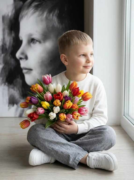 Создай портрет, не меняя черты лица, и превратите его в художественный портрет.
Ребенок сидит на полу в изящной позе, в белой кофте, мягких свободных серых джинсах и белых спортивных кроссовках. Ребенок держит в руках огромный букет ярких разноцветных тюльпанов.
Выражение лица — лёгкая улыбка, ребенок смотрит в сторону. 
Фон — тот же его профиль, в мягком крупном чёрно-белом художественном стиле, крупный план сбоку.
Композиция должна быть художественной, мягкой, реалистичной.
Создай изображение, которое выглядит как настоящая фотография. 
Не меняй черты лица.