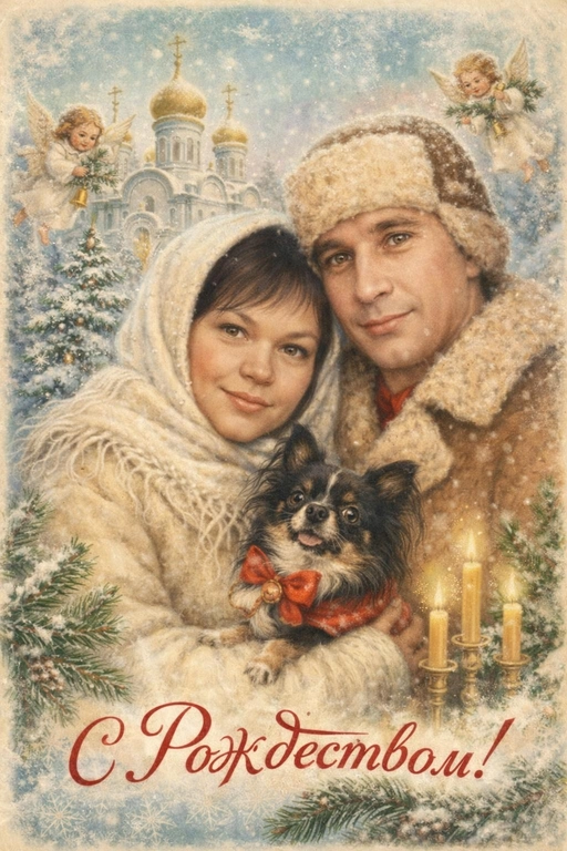 Создай винтажную рождественскую открытку со всеми людьми или одним человеком из предоставленных фотографий. Стиль - советские сказочные открытки 1950-1970-х годов, мягкая живописная иллюстрация, ощущение тепла и уюта. Композиция и формат: • Персонажи остаются в центре композиции • Фон - православная церковь, зимняя сказочная атмосфера Лица: • Лица сохранить максимально похожими на оригинальную фотографию (one-to-one likeness) • Без изменения черт лица, возраста и эмоций • Реалистичное сходство, аккуратная художественная стилизация без искажений. Одежда и образы: • Заменить современную одежду на старинную зимнюю советскую одежду. Если человек- женского пола , то добавь белый платок на голову. ⁠ Декор и детали:  • Хвойные ветки • ангелочки в сказочном стиле, церковные свечки • Лёгкий снег, морозные узоры Цвет и атмосфера: • Светлая, зимняя, мягкая цветовая палитра • Пастельные оттенки, эффект старой бумаги, легкое зерно • Сказочное, теплое новогоднее настроение  • Шрифт - изящный, рукописный, сказочный, в стиле советских открыток. Надпись: «С Рождеством!»