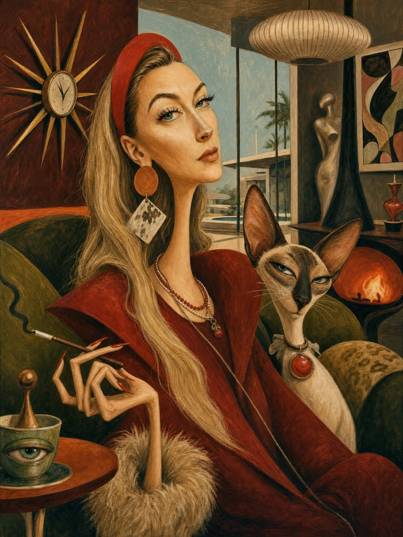 use this fhoto. 

Выберите стиль: Surreal mid-century editorial illustration of an eccentric version of the person in the photo and a animal (an animal that matches my vibe) inside a stylish Location, elongated proportions, exaggerated narrow faces, deadpan expressions, oversized accessories, bizarre fashionable atmosphere, painterly brush textures, distorted anatomy, subtle lowbrow surrealism, sophisticated absurdity, vivid retro color palette, expressive oil-painted strokes, fashionablevintage clothing, dramatic