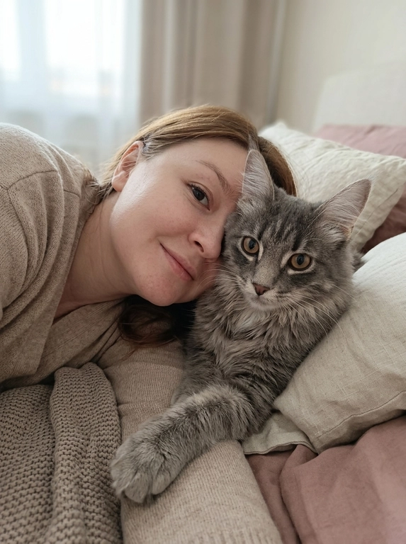 Уютное селфи женщины с котом на кровати