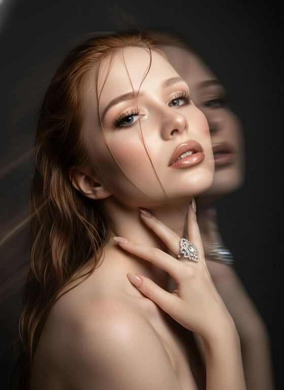 Создайте портрет женщины с длинными, волнистыми, влажными волосами, свободно ниспадающими на плечи, некоторые пряди прилипают к лицу. Она чувственно смотрит в камеру, слегка откинув голову назад, словно наслаждаясь мгновением покоя или чувственности. Её рука нежно лежит на шее, на пальце – эффектное сверкающее кольцо. Плечи опущены. Тёмный, почти однотонный и размытый фон подчёркивает силуэт и лицо женщины. Весь образ мастерски передан с помощью размытия в движении и световых бликов, которые создают ощущение естественного, сказочного движения головы и руки. Мягкие, тёплые тона, лёгкое свечение кожи и губ создают интимную, чувственную и таинственную атмосферу. Эффекты: размытие в движении, художественная длительная выдержка, тёплые тона, атмосфера сновидения. Макияж выразительный: длинные чёрные ресницы, бежевые тени с лёгким мерцанием, выразительные контуры и румяна, безупречная кожа и пухлые губы с нюдовым блеском и тёмно-коричневым карандашом для губ. Ухоженные брови с эффектом Bravenlifting. Длинные, заостренные ногти. Реалистичное фото, как будто снято на профессиональную камеру. Сохраните черты лица такими, какие они есть.