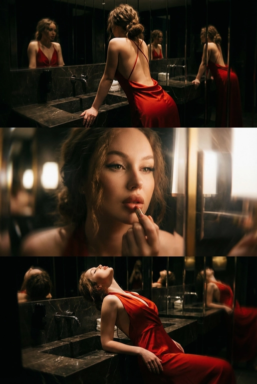 Создай не меняя черты лица. Экстремально реалистичный кинематографичный триптих, как живая серия фотографий из Instagram, снятая в зеркальном туалете дорогого ресторана. Вечер, интимная атмосфера, отражения в зеркалах, приглушённый свет, ощущение роскоши и ускользающего момента. Весь триптих объединён одним образом и единым настроением, с лёгким зерном, как будто кадры сняты в движении, естественно. В верхней части женщина стоит спиной облокотившись на раковину рукой, лицо в тени спина освещена, в отражениях зеркал видна её фигура, на ней одно и то же красное платье с открытой спиной, ткань струится и выглядит дорого, чувственно. Свет мягко скользит по плечам и линии спины, создавая глубокие тени и драматичный силуэт. В средней части экстремально близкий ракурс лица через зеркало, женщина смотрит на своё отражение и поправляет помаду, жест живой и естественный. Лицо частично в фокусе, частично слегка размыто, ощущение движения и дыхания кадра. Пышные ресницы, выразительный взгляд, блики света в зеркале, локоны из пучка падают на лицо, добавляя интимности. В нижней части девушка запрокинула голову и облокотилась о раковину, глаза закрыты, поза расслабленная, уязвимая, словно она на секунду выпала из шумного вечера. Платье то же самое, красное, ткань ловит приглушённый свет, усиливая глубину цвета и теней. Во всех кадрах приглушённое освещение, cinematic lighting, мягкие тени, отражения зеркал, лёгкое зерно и небольшой motion blur без резкой чёткости и глянца. Цвета глубокие, насыщенные, но сдержанные. Общий стиль ультрареализм, кинематографическая эстетика, эффект настоящего Instagram-триптиха, ощущение пойманного момента, живо, чувственно и очень реалистично, как кадры из личного архива.
Не меняй черты лица.  изящные волнистые волосы, несколько локонов свободно падают на лицо и шею.
Не меняя черты лица 