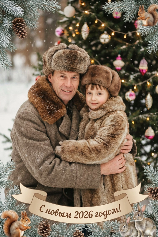   создай новогоднюю фотографию в стиле советского фильма: лица максимально похожи на исходное фото, на улице, в старой зимней одежде (пальто/шуба с меховым воротником, меховая шапки из ондатры или норки). Идёт снег. На фоне размытая украшенная советскими стеклянными игрушками ёлка с гирляндами и тёплыми огоньками. Внизу бежевая декоративная лента с надписью. Рамка по краям из еловых веток со снегом, добавить шишки, белочек и зайчиков. Атмосфера уюта и ностальгии, мягкие кистевые мазки, тонкая плёночная зернистость, мягкая глубина резкости. Надпись на ленте: "С новым 2026 годом!"