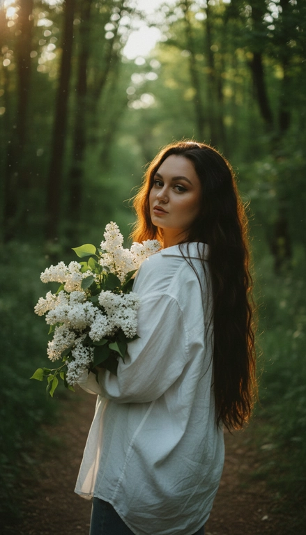 Кинематографичная фотореалистичная photography девушки в лесу летом, снятая на Hasselblad X2D II 100C, 85mm lens, f/1.8, вертикальный кадр 4:5, medium full shot, камера расположена на уровне талии и слегка сбоку. Девушка стоит на узкой лесной тропинке среди густого зелёного леса, повернувшись вполоборота через плечо к камере. В руках она нежно прижимает к себе огромный букет белой сирени, отдельные ветки частично закрывают плечо и грудь. Очень длинные густые волосы с мягкой естественной wave texture свободно спадают по спине и плечам, несколько прядей слегка падают на лицо. Выражение лица спокойное и чувственное еле заметная улыбка , губы расслаблены, взгляд направлен прямо в камеру.
На ней свободная белая длиная льняная рубашка oversize с длинными рукавами , натуральная слегка мятая ткань красиво подсвечивается солнцем. Кожа ровная, сияющая, с лёгким естественным загаром и realistic skin texture без plastic skin. Макияж soft natural glam: мягкий contouring, пушистые brows, длинные натуральные ресницы, нюдовые satin lips, subtle warm glow на коже.
Тёплый золотой свет закатного солнца проходит сквозь деревья и создаёт cinematic backlight вокруг волос и силуэта, мягкие солнечные блики на сирени и ткани одежды, глубокие зелёные тени в лесу. Атмосфера тихая, живая и немного dreamy, будто кадр из арт-фильма. Moody underexposed forest photography, warm golden highlights, rich deep greens, soft haze, subtle film grain, luxury Pinterest editorial aesthetic, ultra photorealistic RAW quality.