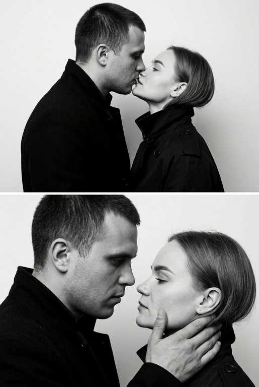 Не меняй внешность. Фотография представляет собой диптих (двойное изображение), выполненный в черно-белой гамме, который запечатлел пару в двух последовательных, нежных моментах. Общий стиль снимка — минималистичный и драматичный.
Верхний Кадр: Поцелуй
• Действие: Пара запечатлена в момент поцелуя.
• Мужчина: Слева, в профиль. Он одет в темное пальто или пиджак с высоким воротником. Его губы соприкасаются с губами женщины.
• Женщина: Справа, в профиль, с приподнятым подбородком, чтобы дотянуться до мужчины. У нее тонкие, изящные черты лица. Она одета в похожее темное пальто с воротником-стойкой.
• Эмоция: Кадр передает интимность и сосредоточенность на моменте соприкосновения.
Нижний Кадр: Нежность и Взгляд
• Действие: Мужчина и женщина смотрят друг на друга (или почти смотрят) на очень близком расстоянии.
• Мужчина: Слева, в профиль. Выражение его лица более серьезное и задумчивое. Он смотрит прямо на женщину.
• Женщина: Справа. Ее голова немного запрокинута, а глаза почти закрыты, что придает моменту большую чувственность.
• Взаимодействие: Рука мужчины (похоже, его правая рука) нежно поддерживает ее лицо сбоку, держа ее за челюсть/подбородок. Это движение подчеркивает заботу и глубокую эмоциональную связь между ними.
Общий Стиль и Композиция
• Цвет: Использование черно-белой палитры исключает отвлекающие цвета и усиливает драматизм, фокусируя внимание зрителя на контурах, текстурах и эмоциях.
• Одежда: Оба одеты в простые, темные вещи, которые гармонируют с общим настроением снимка.
• Фон: Однотонный, нейтральный, светлый фон (возможно, белая или светло-серая студийная стена), который создает сильный контраст с темной одеждой пары.
• Композиция: Диптих, разделенный горизонтальной линией, показывает два мгновения близости, создавая историю или последовательность.
Снимок производит впечатление элегантной, высококлассной модной или арт-фотографии, посвященной теме глубокой, серьезной любви и страсти.